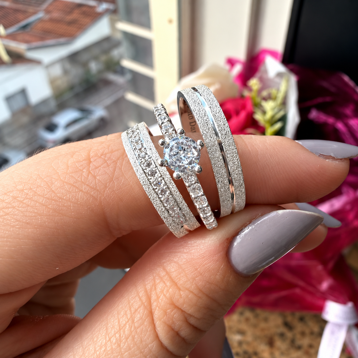 Alianças de Namoro em Prata 950 5mm, Modelo Nick, 15 Pedras e Friso