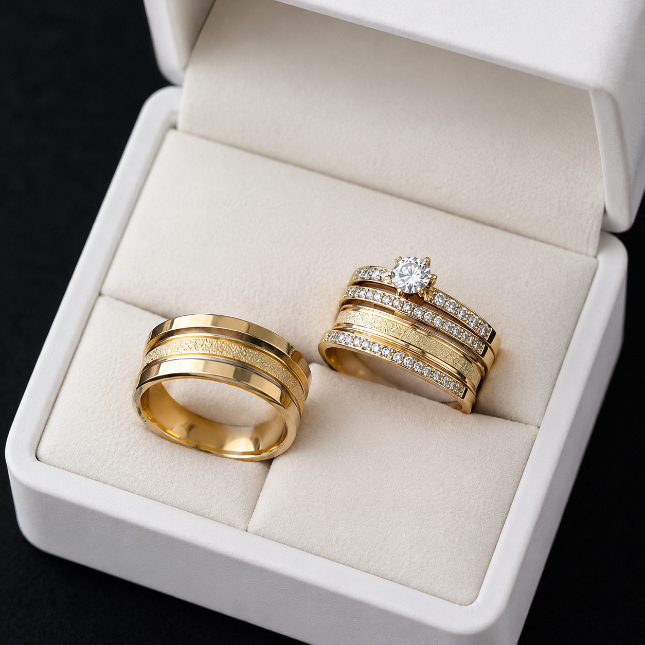 Alianças de Casamento 8mm com 30 Zircônias e Friso Central Diamantado, em Ouro 18k