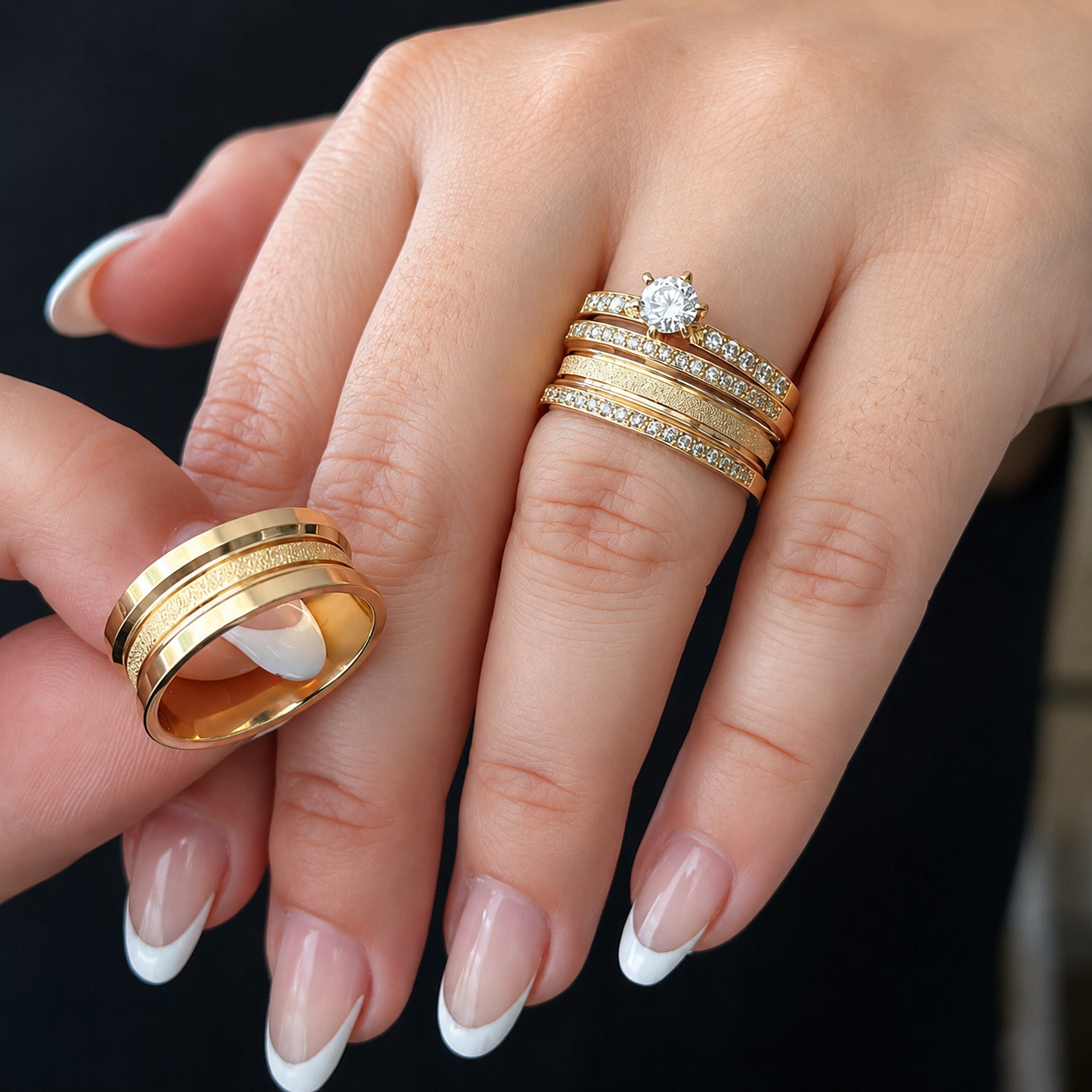 Alianças de Casamento 8mm com 30 Zircônias e Friso Central Diamantado, em Ouro 18k