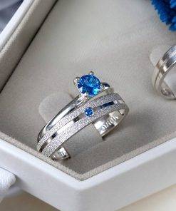 Alianças de Namoro em Prata 950 4mm, Friso Ondulado, Anel Pedra Azul