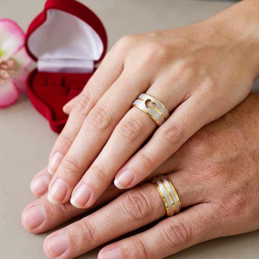 Alianças de Casamento 8mm Banhado a Ouro 18K – Fosco Bicolor com Detalhes em Prata