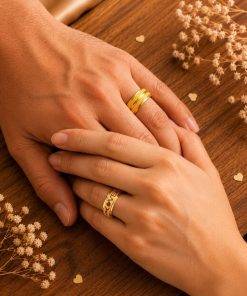 Alianças de Casamento 8mm Banhado a Ouro 18K – Diamantado Love com Coração Vazado