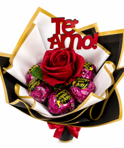 Buquê Te Amo com Rosa Vermelha e 5 Bombons Sonho de Valsa Rosa | Presente Romântico