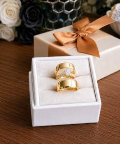 Alianças de Casamento 7mm | Modelo Beca | Alto Luxo | Chanfrado | Moeda Antiga Banhada a Ouro 18K