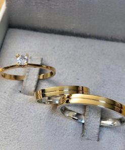 Alianças de casamento ouro 10k com revestimento em aço 3mm | Modelo reto anatômico com friso central