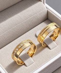 Alianças de Casamento 6mm, 2 Frisos Diamantados, Moeda Antiga, Banhada a Ouro 18K