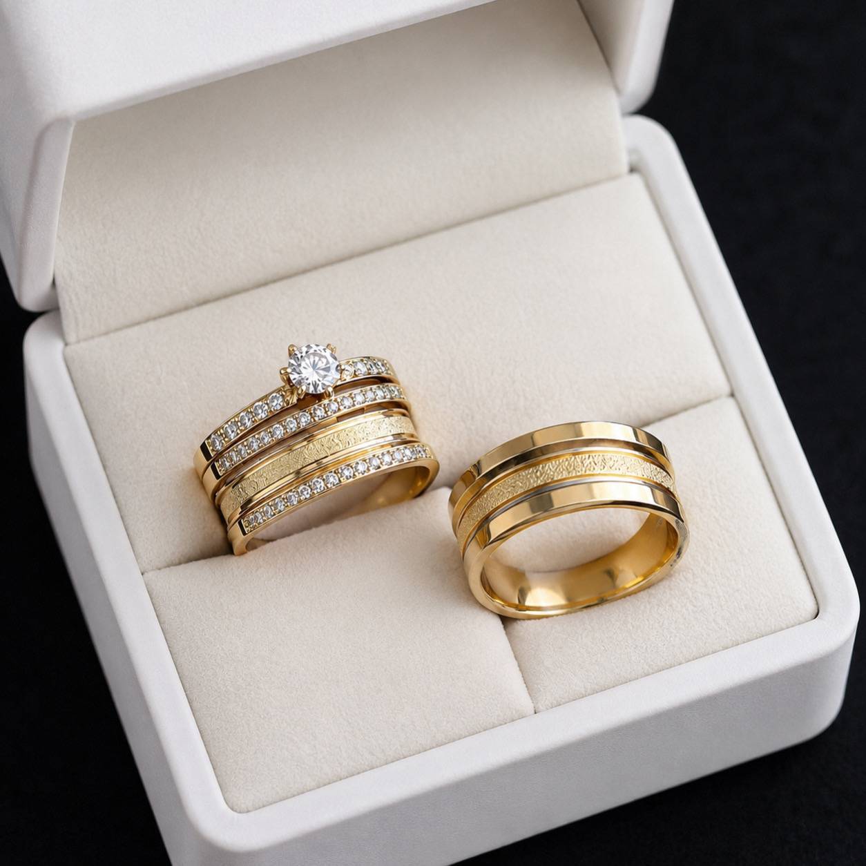 Alianças de Casamento 8mm com 30 Zircônias e Friso Central Diamantado, em Ouro 18k