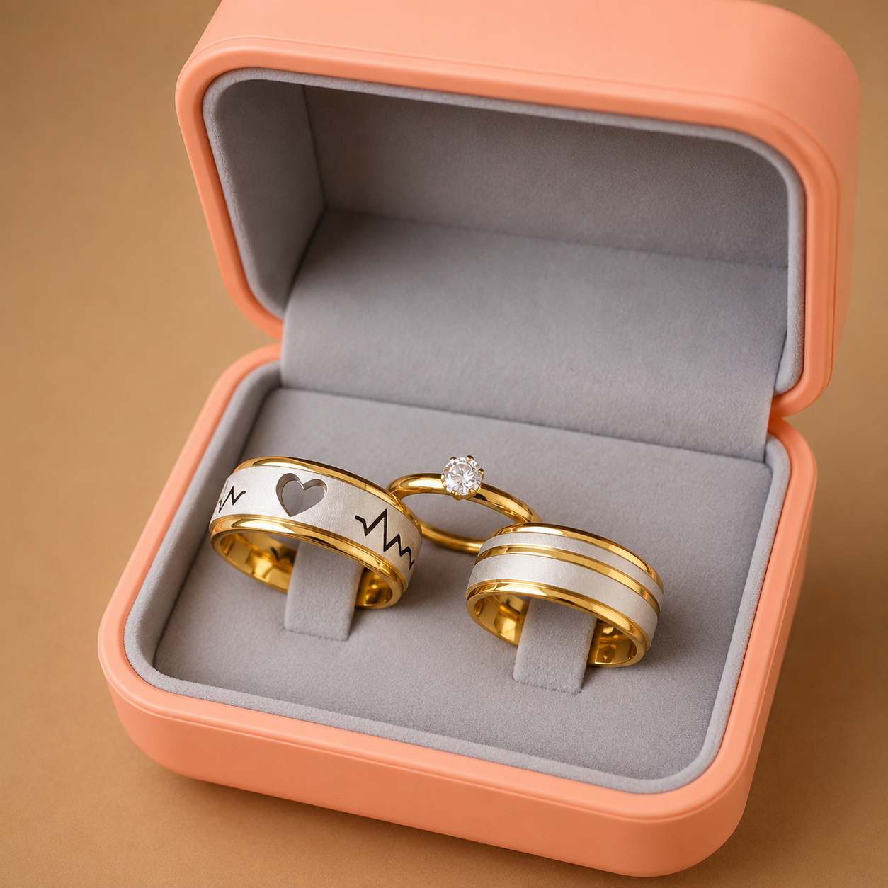 Alianças de Namoro Banhado a Ouro 18K – Modelo Mikelly com Coração e Batimentos Cardíacos