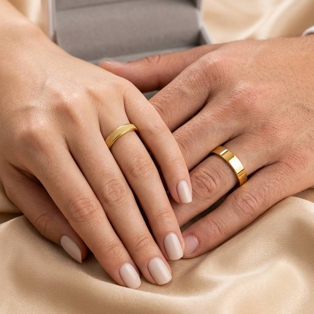 Alianças de Casamento 4mm Banhado a Ouro 18K – Feminina Diamantada e Masculina Lisa