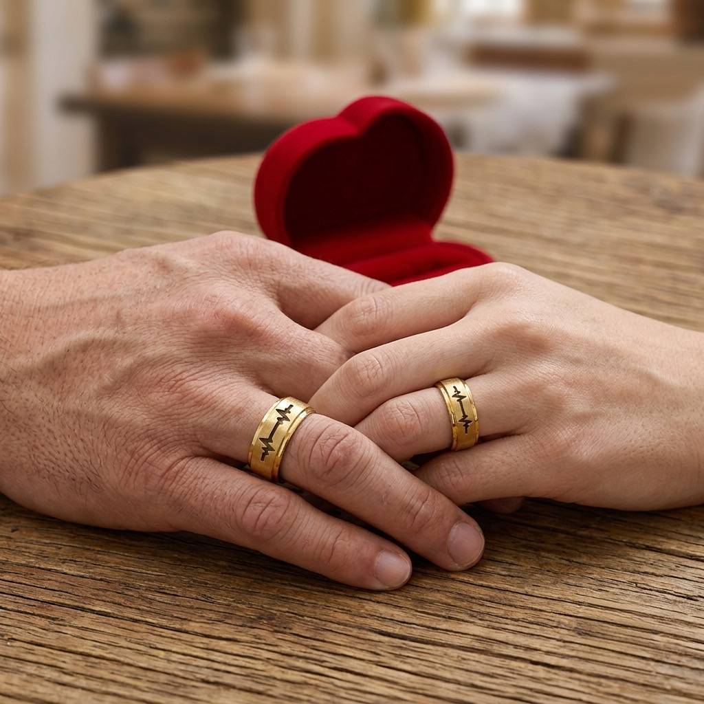 Alianças de Casamento 8mm Banhado a Ouro 18K – Fosco com Batimentos Cardíacos