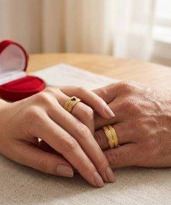 Alianças de Casamento 8mm Banhado a Ouro 18K – Feminina Diamantada e Masculina com Friso Central