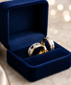 Alianças de namoro 8mm banhadas a ouro 18k, feminina diamantada com coração vazado e batimentos cardíacos, masculina Vista Lateral