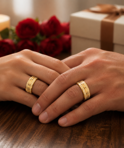 Alianças de Casamento 8mm Banhado a Ouro 18K – Diamantado com 2 Frisos Ondulados