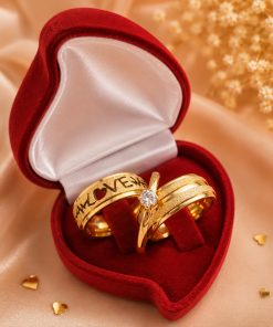 Alianças de Casamento 8mm Banhado a Ouro 18K – Diamantado Love com Coração Vazado