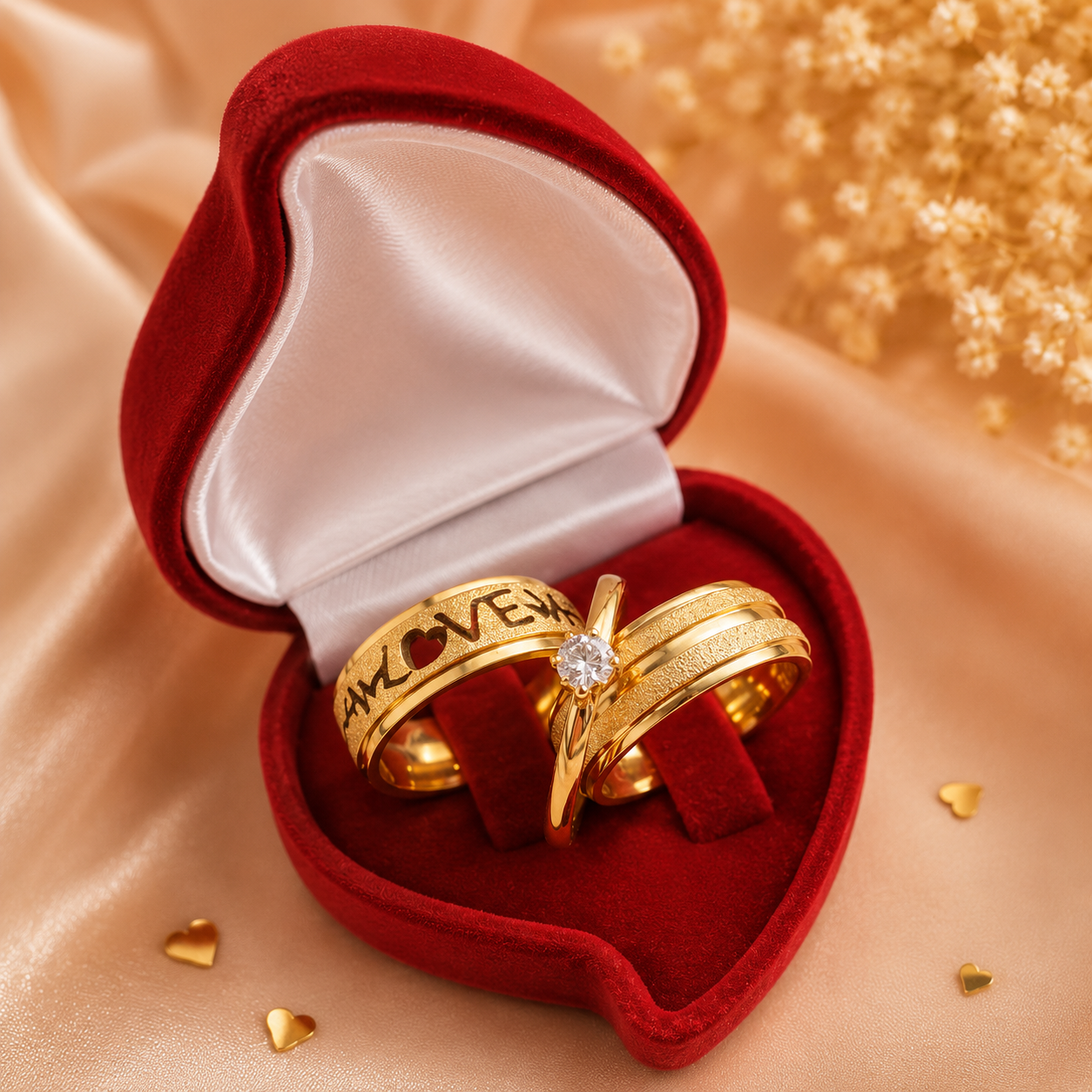 Alianças de Casamento 8mm Banhado a Ouro 18K – Diamantado Love com Coração Vazado