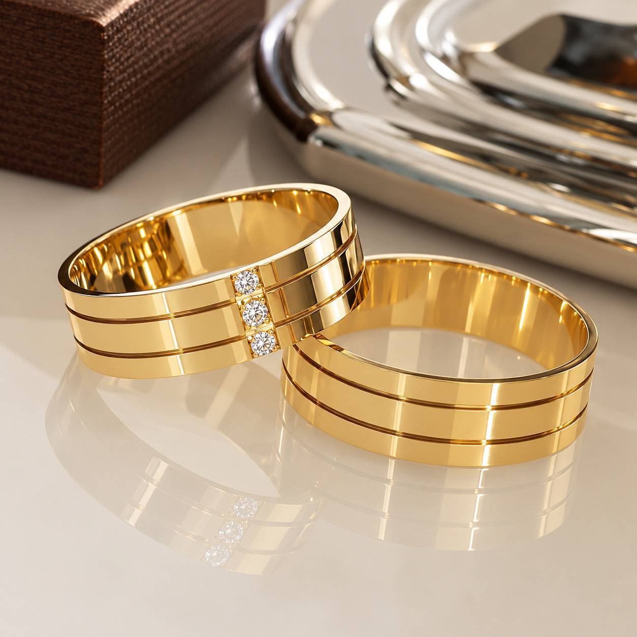 Alianças de Casamento 6mm, Modelo Eliza, Moeda Antiga, 3 Zircônias