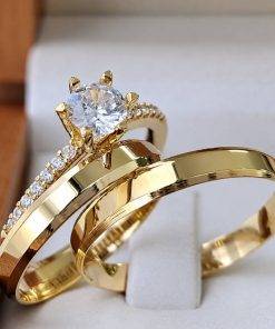 Alianças de Casamento 3mm, Anel Solitário Incluso, Moeda Antiga, Banhada a Ouro 18K