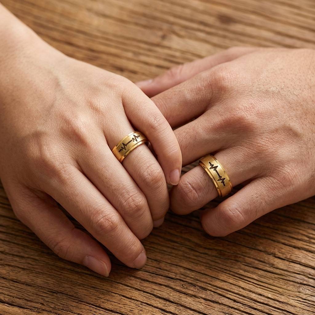 Alianças de Casamento 8mm Banhado a Ouro 18K – Fosco com Batimentos Cardíacos