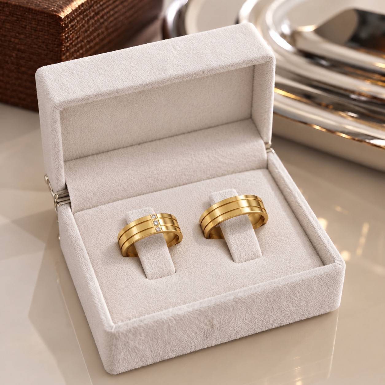 Alianças de Casamento 6mm, Modelo Eliza, Moeda Antiga, 3 Zircônias