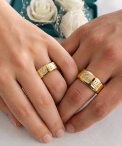Alianças de Casamento 8mm, Chanfrado, Nomes Externos, Moeda Antiga, Banhada a Ouro 18K