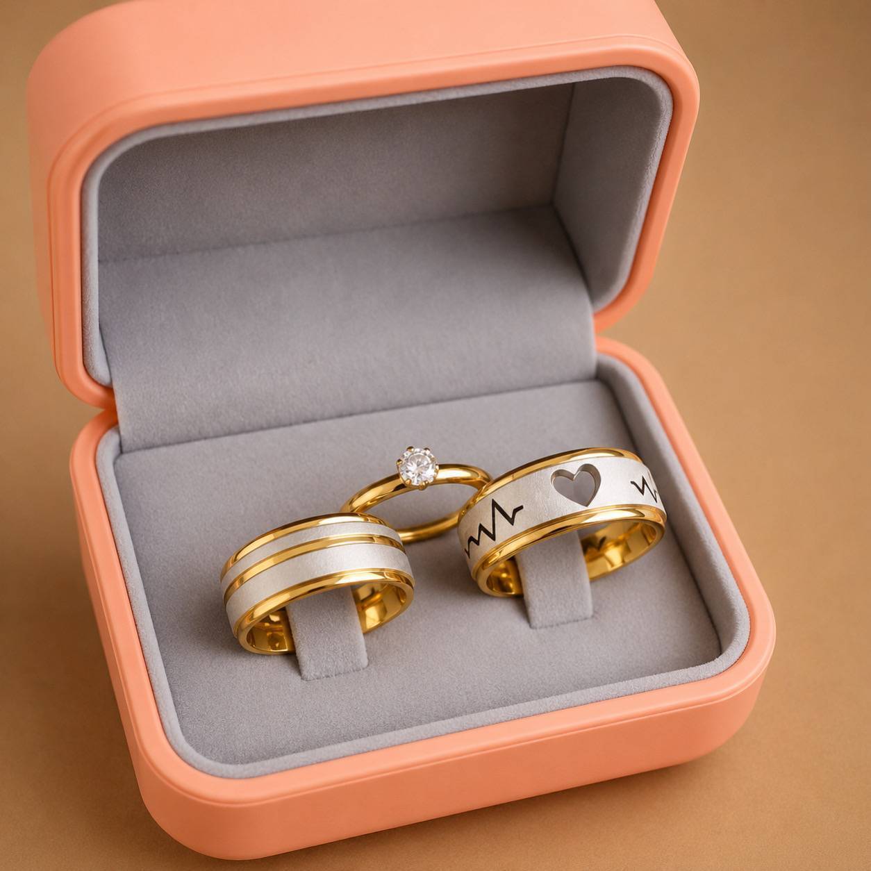 Alianças de Namoro Banhado a Ouro 18K – Modelo Mikelly com Coração e Batimentos Cardíacos
