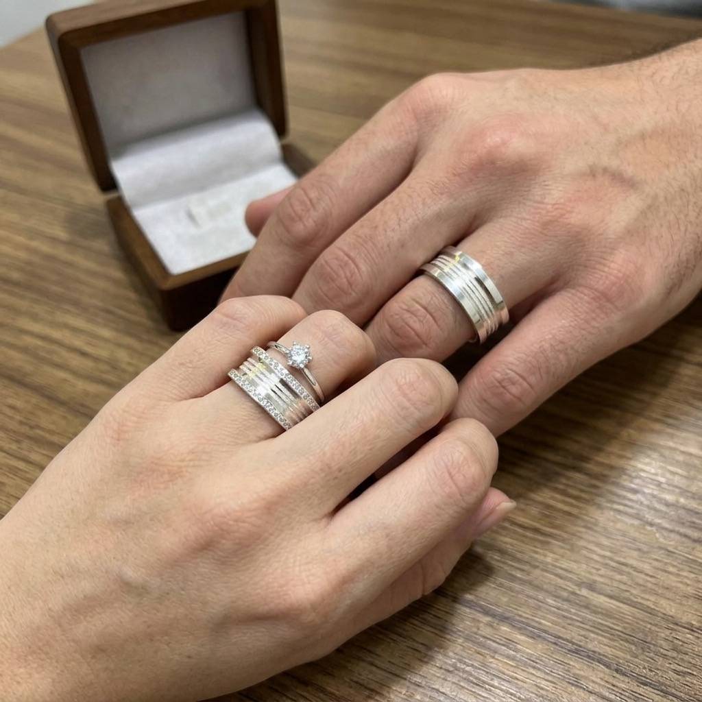 Alianças de Namoro em Prata 950 9mm com 3 Frisos Finos Diamantados, Semi Anatômicas