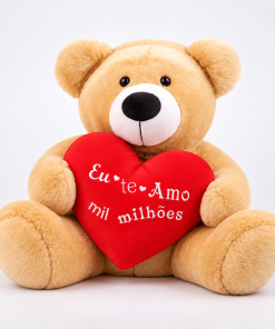 Urso Teddy Grande 60cm Cor Doce com Coração Bordado Eu te Amo Mil Milhões