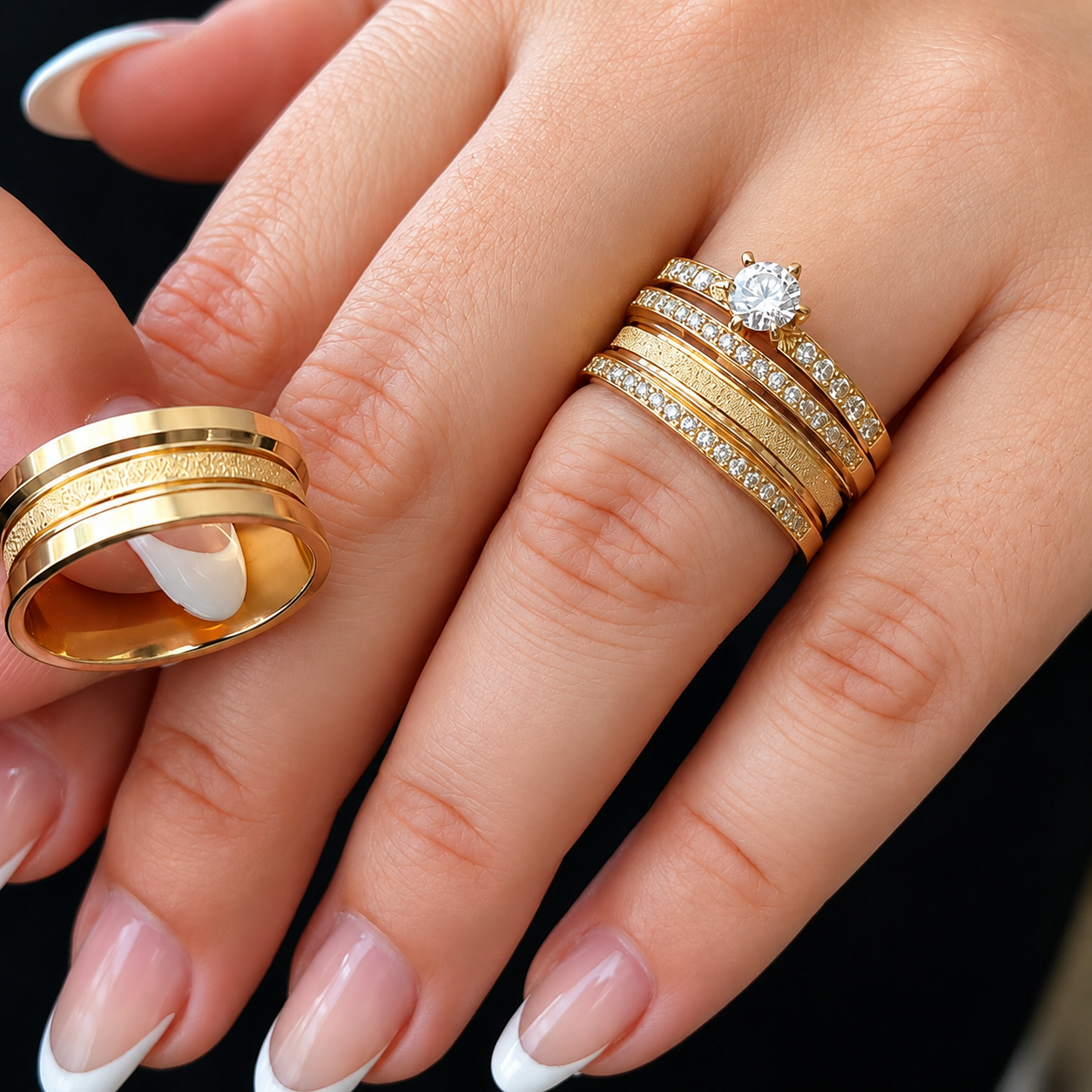 Alianças de Casamento 8mm com 30 Zircônias e Friso Central Diamantado, em Ouro 18k