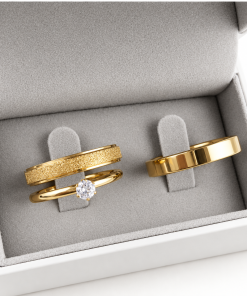 Alianças de casamento 4mm em aço cirúrgico banhado a ouro 18K, feminina diamantada e masculina lisa