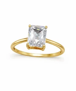 Anel Solitário Feminino em Moeda Antiga Banhado a Ouro 18K com Zircônia Retangular 8x10