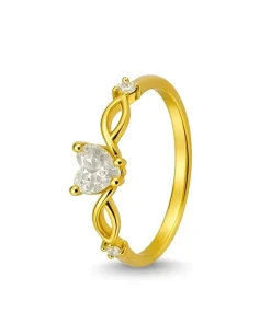 Anel Feminino em Moeda Antiga Banhado a Ouro 18K com Zircônia Coração e Detalhes Laterais