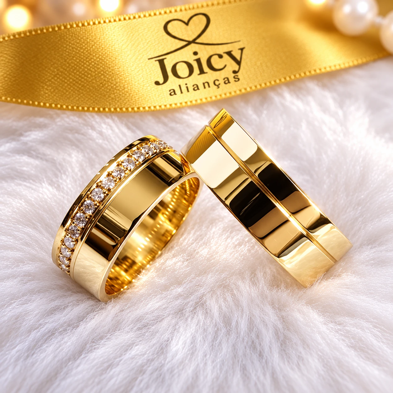Par de alianças de ouro 18K Elegance, feminina com zircônias e masculina polida com friso lateral