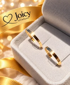 Par de alianças finas de ouro 18K maciço 1,5mm em caixa de veludo cinza com fita Joicy Alianças