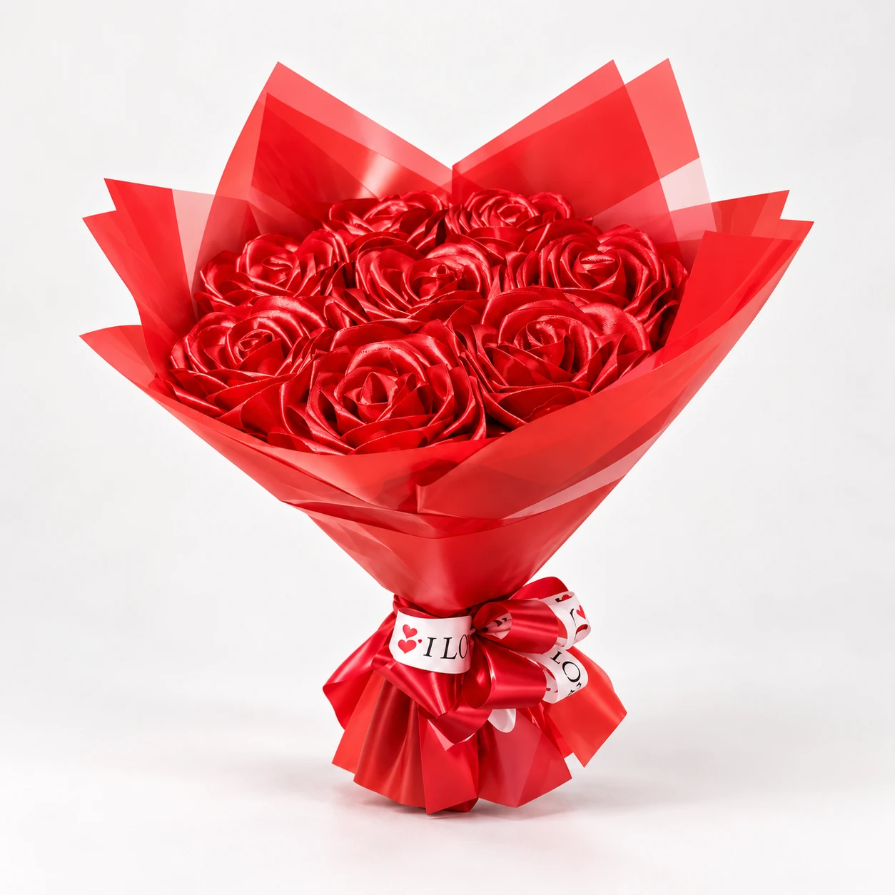 Buquê de rosas vermelhas em cetim com embalagem vermelha e laço I Love You