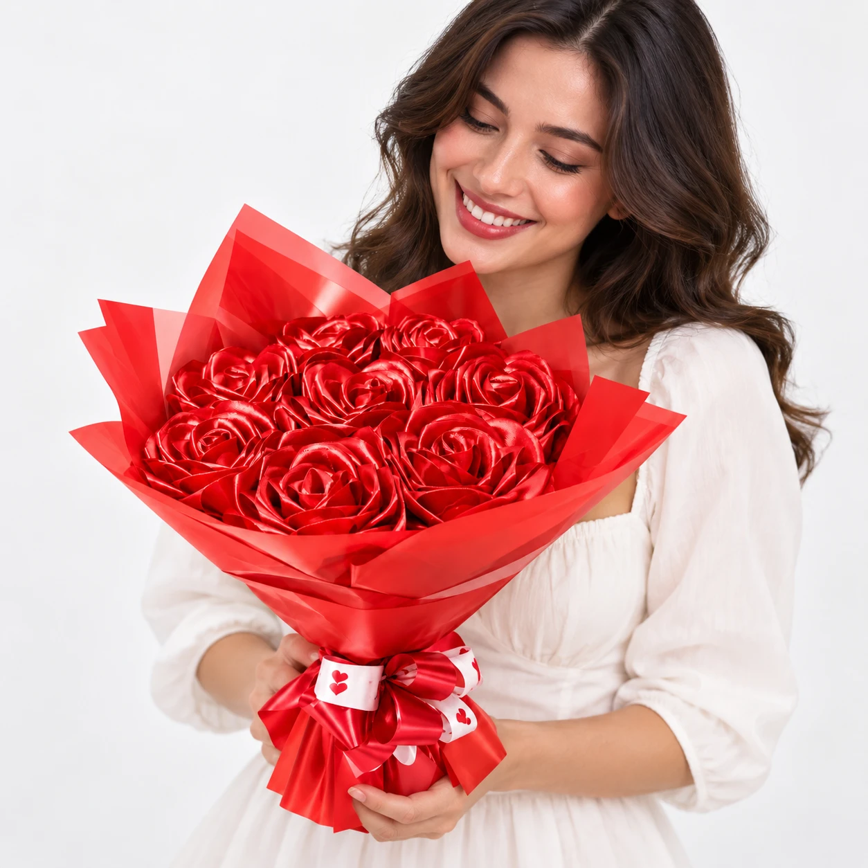 Mulher sorrindo segurando buquê de rosas vermelhas em cetim
