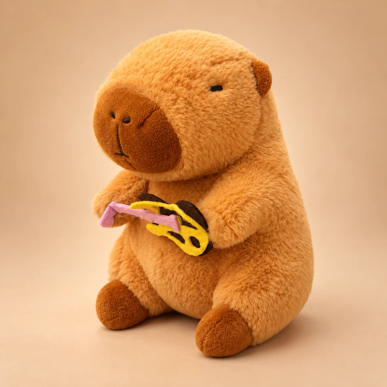 Capivara de pelúcia caramelo de 23cm vista de lado, segurando um acessório de feltro amarelo e rosa
