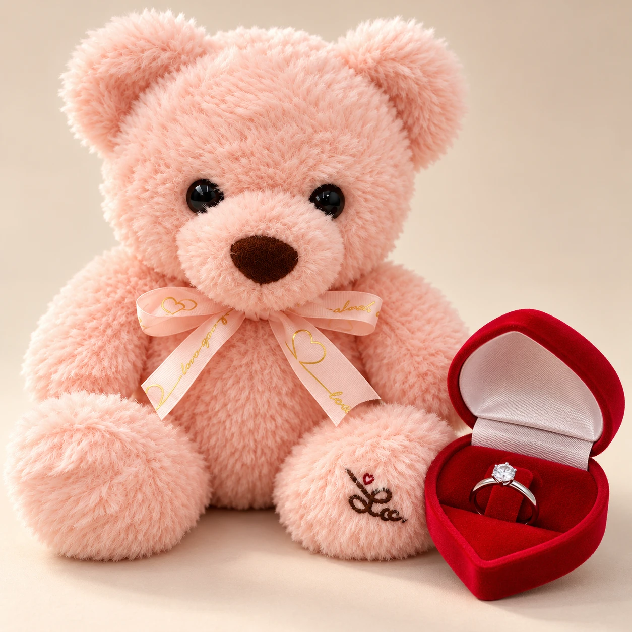Urso de pelúcia rosa de 20cm com laço decorativo ao lado de caixinha de coração vermelha com anel solitário em aço cirúrgico