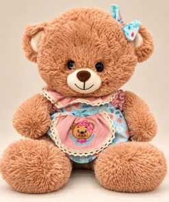 Ursinha de pelúcia de 30cm marrom-clara com vestido azul floral, renda e avental rosa bordado, olhando de frente
