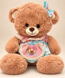 Ursinha de pelúcia de 30cm com vestido floral azul, renda, avental rosa com bordado de ursinha e laço azul estampado, em close
